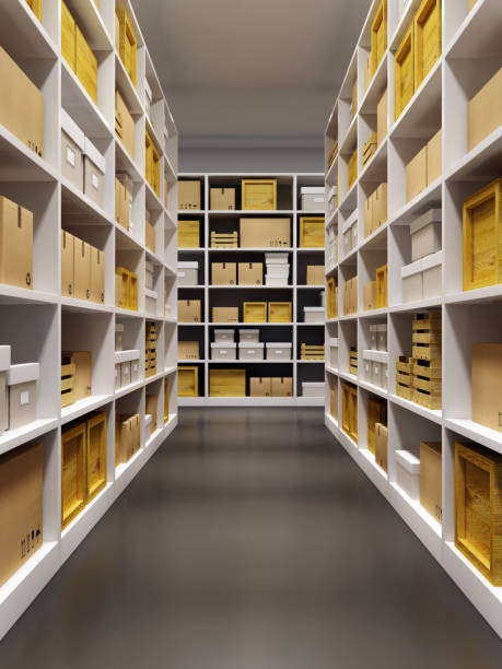 istock warehouse interior with rows of shelves with boxes 701041658