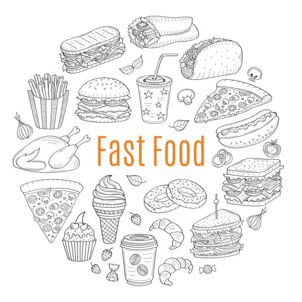 illustrations, cliparts, dessins animés et icônes de illustration de croquis de vecteur de fast-food circulaire en forme de - club sandwich picto