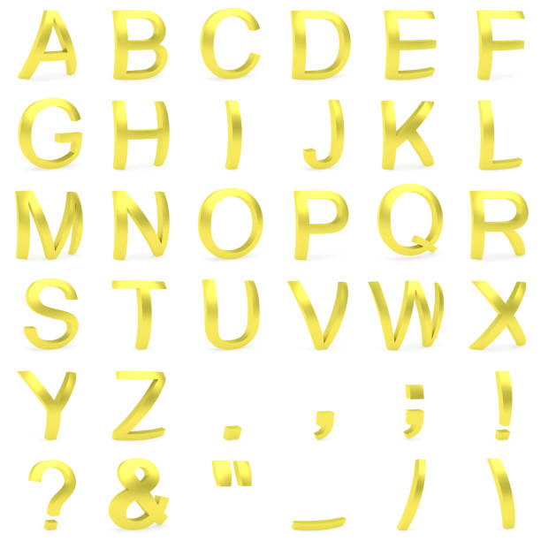 Golden font from curved 3D capital letters rendered with soft shadows on white background