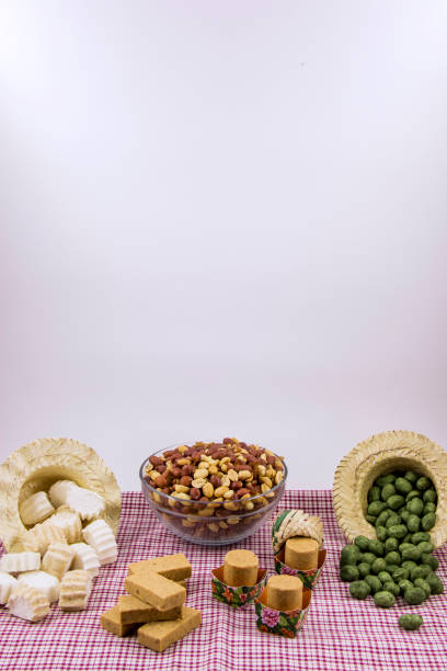 Several typical Brazilian sweets from Junina. Peanut, coconut candy, maria mole, pe de moleque, dulce de leche, chocolate