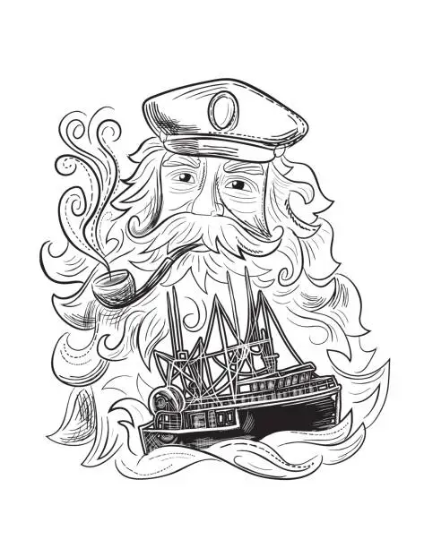 Vector illustration of Engraving Style Marine and Nautical Element - Captain And Ship