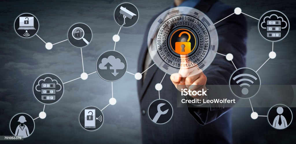 Blue Chip Manager Unlocking Access Control Blue chip manager is unlocking a virtual locking mechanism to access shared cloud resources. Internet concept for identity & access management, cloud storage, cybersecurity and managed services. Accessibility Stock Photo