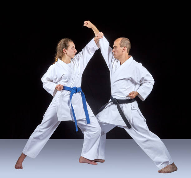 istock Two adult athletes train a kick and a hand block 701057854