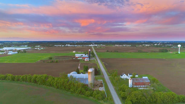 istock Tranquil rural agricultural landscape with dramatic sky at dawn 701065880