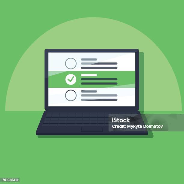 Laptop And Checkboxes With Check Mark Checklist White Tick On Laptop Screen Choice Survey Concepts Stock Illustration - Download Image Now