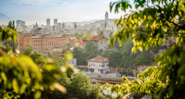 View of Sarajevo and landmarks showing multi national culture of Bosnian Capital. From this spot you can see at same many mosques, churches and other religious buildings showing that Sarajevo is unique place where everybody can live together!