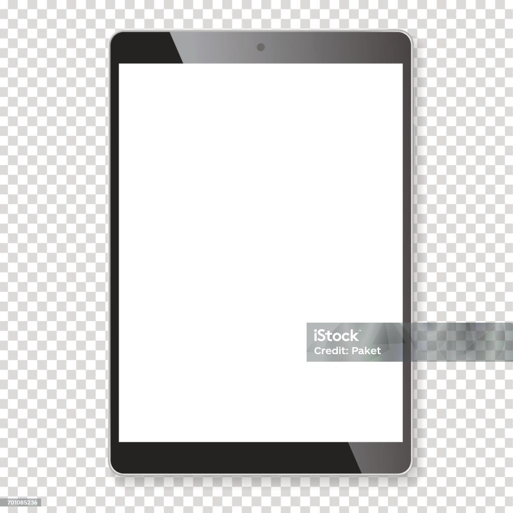 Realistic tablet portable computer mockup Realistic tablet portable computer. Contemporary black gadget with shadow, wide format. Graphic design element for catalog, web site, as blank mockup, demonstration template. Vector illustration. Digital Tablet stock vector