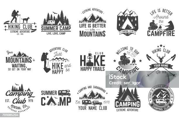 Satz Von Extreme Abenteuer Abzeichen Konzept Für Hemd Oder Logo Print Stempel Oder Tee Stock Vektor Art und mehr Bilder von Camping