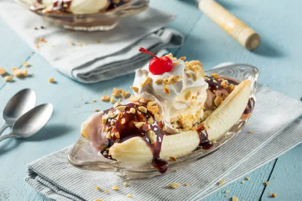 Sweet Homemade Banana Split Sundae with Chocolate Vanilla  Strawberry Ice Cream