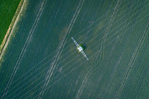 Agricultural area, wheat field and electricity pylon - aerial view