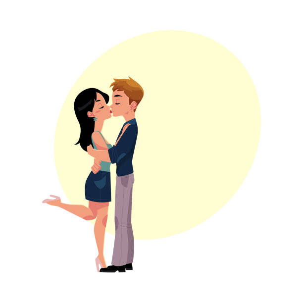 Young couple kissing romantically, hugging each other, full length portrait Young couple kissing romantically, hugging each other, cartoon vector illustration with space for text. Full length, side view portrait of cartoon style kissing, hugging couple, French kiss kissing on the mouth stock illustrations