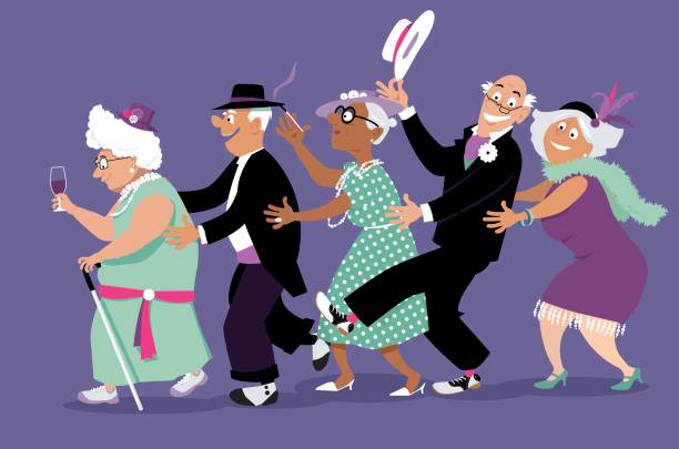 Happy hour Group of active seniors dressed in retro fashion dancing conga line, EPS 8 vector illustration old people dancing stock illustrations