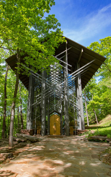 Thorncrown Chapel, Springtime Eureka Springs, Arkansas woodland sanctuary that rises forty-eight feet as it reaches for the Ozark skies; consists of 425 windows, over 6,000 SF of glass chapel photos stock pictures, royalty-free photos & images