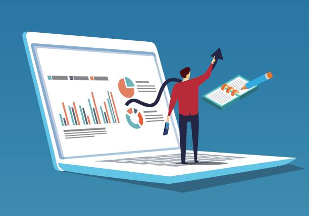 biznesmen, który zajmuje się analizą danych - scrutiny analyzing finance data stock illustrations