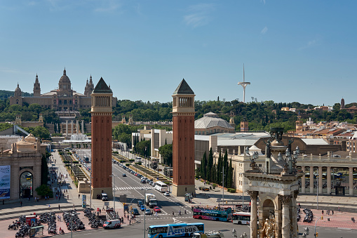 Barcelona, Spain - June 20, 2017: Aerial view of the Venetian towers in Plaza de Espana, Barcelona