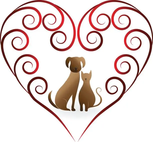 Vector illustration of Dog and cat love heart vintage silhouettes vector