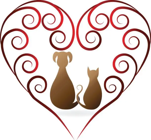 Vector illustration of Dog and cat love heart vintage silhouettes vector