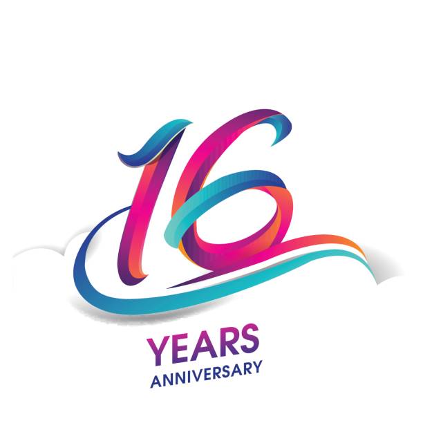 16 years anniversary celebration logotype blue and red colored. sixteen years anniversary celebration logotype blue and red colored. 16th birthday logo on white background. XVI stock illustrations