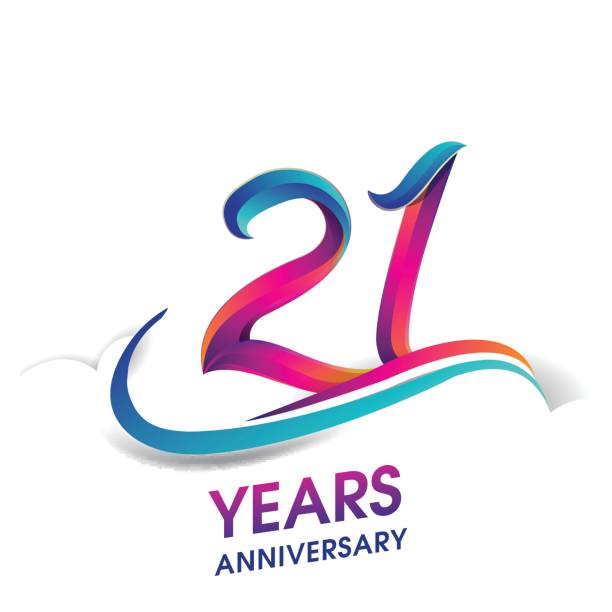 stockillustraties, clipart, cartoons en iconen met 21 jaar verjaardag viering logo blauw en rood gekleurd. - 21e verjaardag