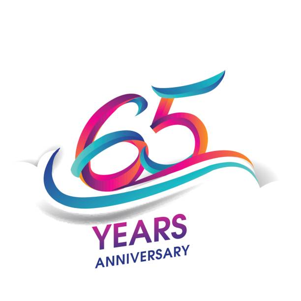 65 years anniversary celebration logotype blue and red colored. sixty five years anniversary celebration logotype blue and red colored. 65th birthday logo on white background. 65th anniversary stock illustrations