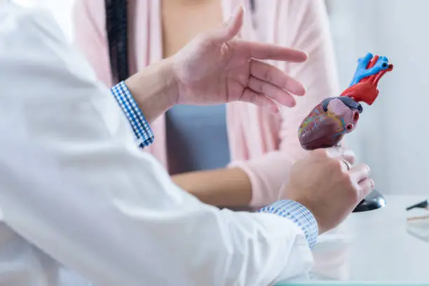 Male cardiologist gestures while discussing diagnosis with an unrecognizable female patient.