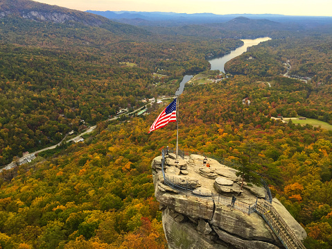 Looking out over Chimney Rock from above, on a beautiful fall day in Chimney Rock, North Carolina.