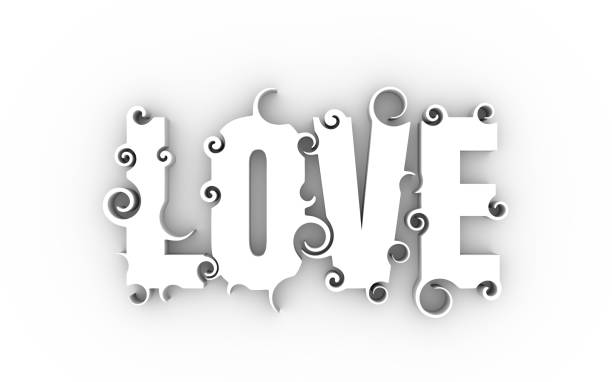 Lettering illustration with Love word. Typography poster with abstract ornament of curls. 3D rendering
