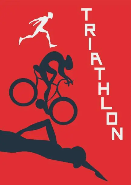 Vector illustration of Poster for triathlon competitions. Vector illustration with runner, cyclist and swimmer.