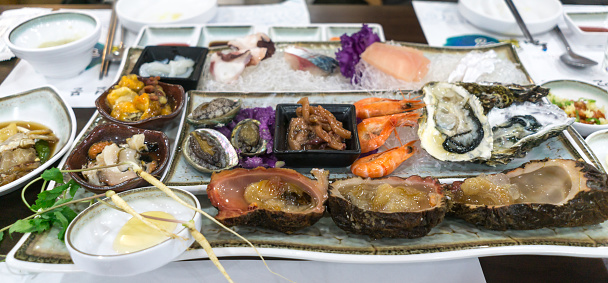 raw seafood platter in jeju island, south korea. Ginseng, sea abalone, shrimp, oysters, and sea squirt.