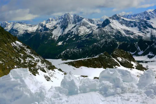 Majestic Kaunertal south Tyrol Snowcapped mountain range panorama and Idyllic Otztal Tirol valley from above,  Austria