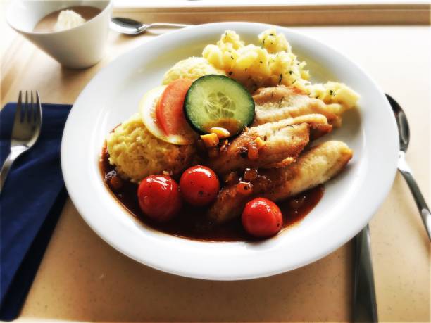High Angle View Of Food Served In Plate On Tray