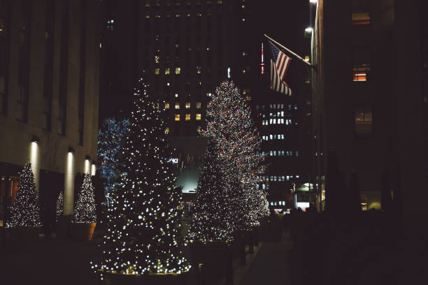 istock Illuminated Christmas Tree By Buildings In City At Night 705169637