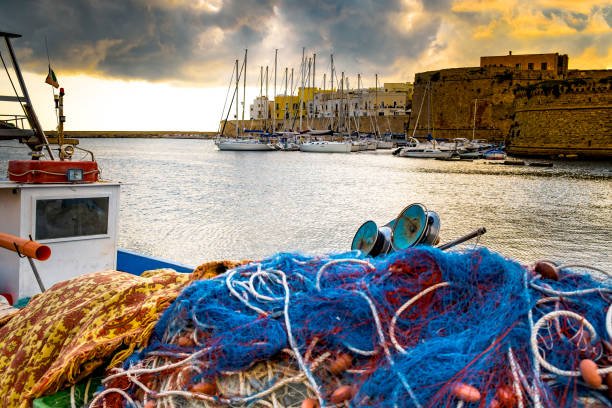 istock Fishing Net On Boat By Sea Against Cloudy Sky During Sunset 705175521
