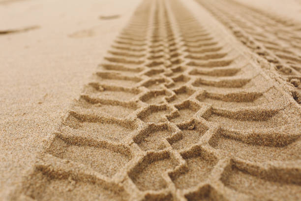 istock Close-Up Of Tire Tracks At Sandy Beach 705209043