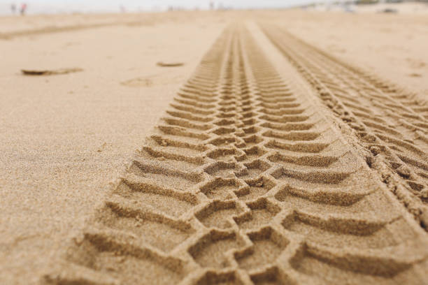 istock Close-Up Of Tire Tracks At Sandy Beach 705212909