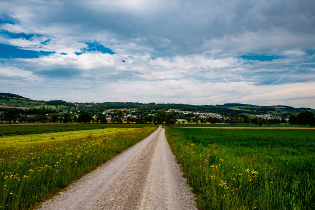 istock Road Passing Through Field Against Cloudy Sky 705240343