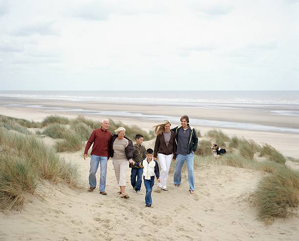 família caminhar ao longo de uma praia - generation gap imagens e fotografias de stock