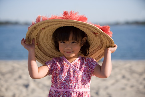 Adorable little girl wearing elegant hat isolated  on white background. Have funny summer holiday. Summer tour. Leisure and entertainment concept.