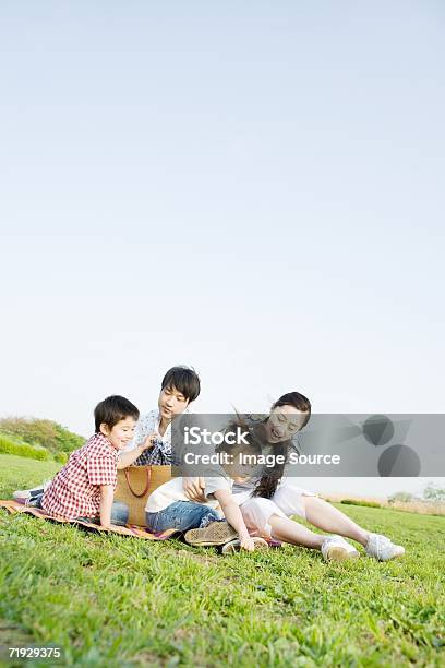 Asian Family Sitting In A Field Stock Photo - Download Image Now - Family, Picnic, Outdoors
