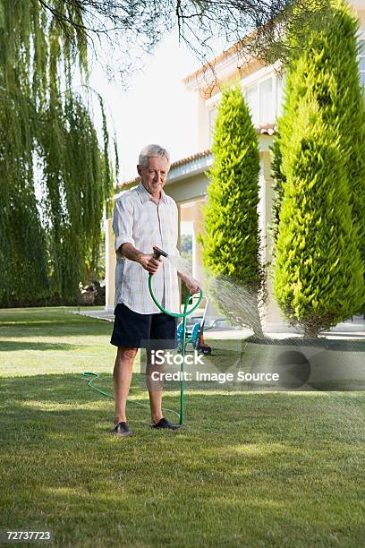 Man Watering Lawn Stock Photo - Download Image Now - Men, Holding, Watering