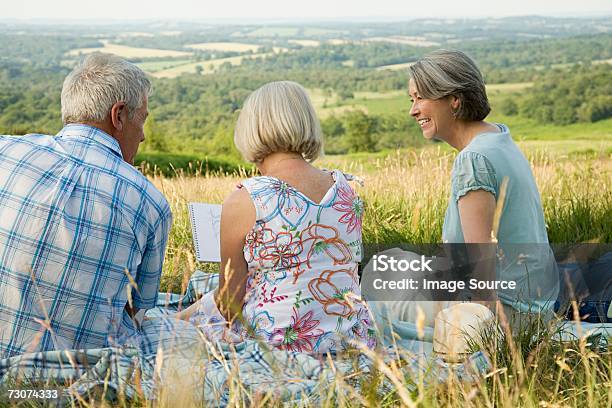 Senior Amici In Un Campo - Fotografie stock e altre immagini di Ambientazione esterna - Ambientazione esterna, Gruppo di persone, Libro