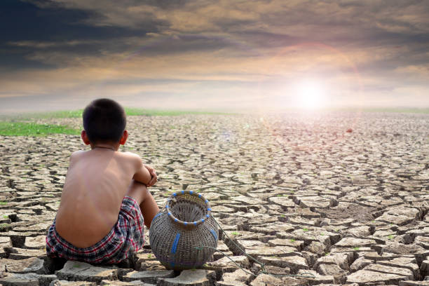 widok z tyłu chłopca siedzącego na jałowej ziemi na tle nieba - arid climate asia color image day zdjęcia i obrazy z banku zdjęć