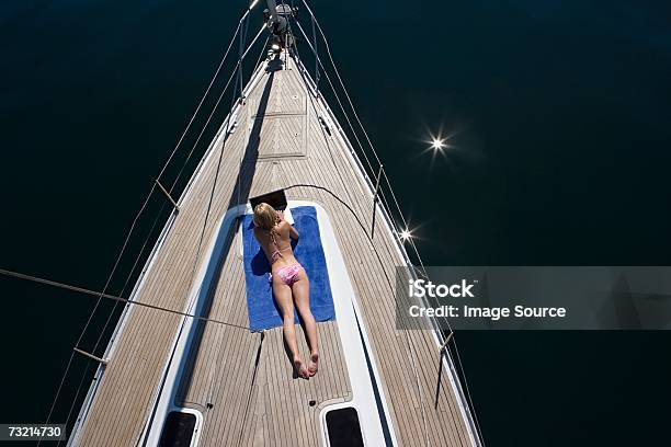 Woman Using Laptop Stock Photo - Download Image Now - Yacht, High Angle View, Boat Deck