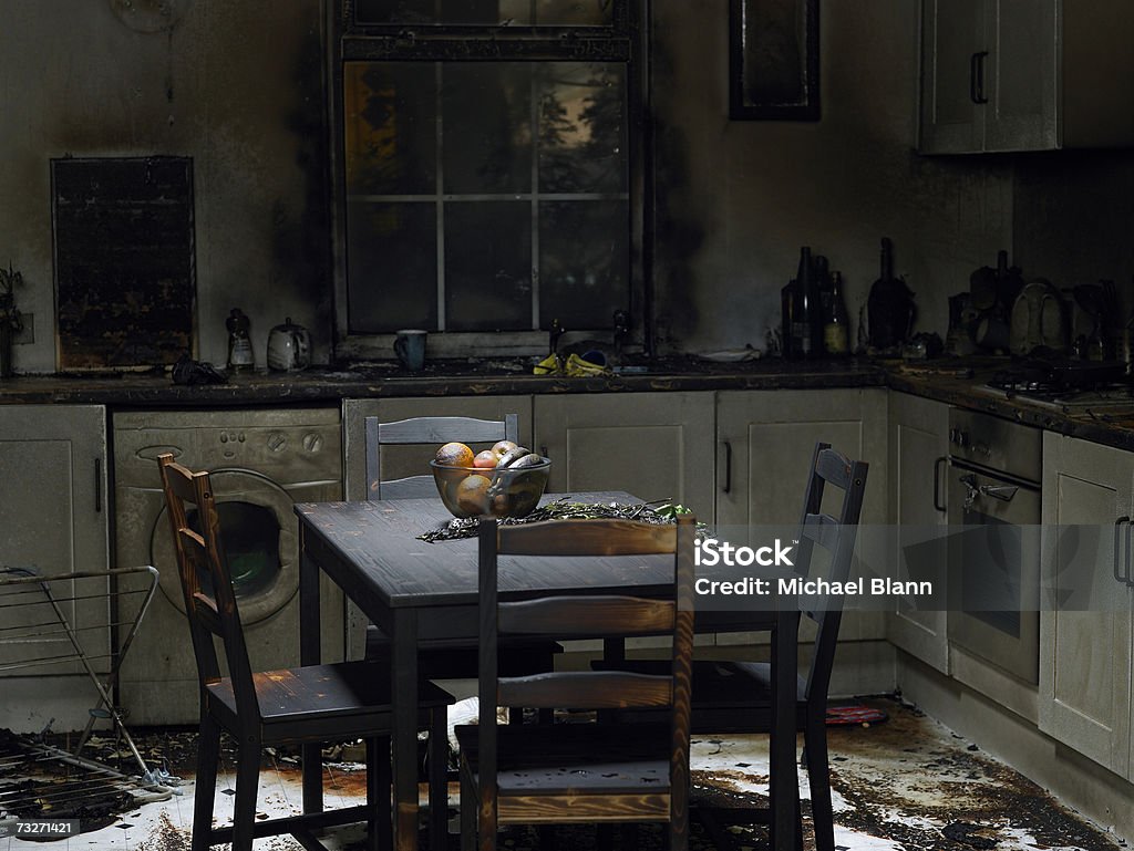 Domestic kitchen burnt in fire  Fire - Natural Phenomenon Stock Photo