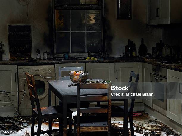 Domestic Kitchen Burnt In Fire Stock Photo - Download Image Now - Fire - Natural Phenomenon, Damaged, Kitchen