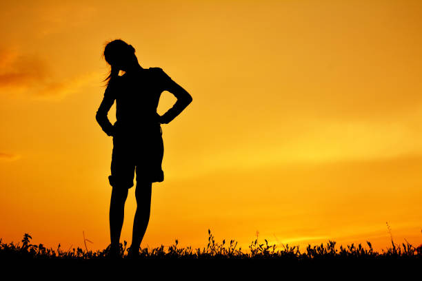 istock Silhouette Woman Standing Against Orange Sky During Sunset 733474881