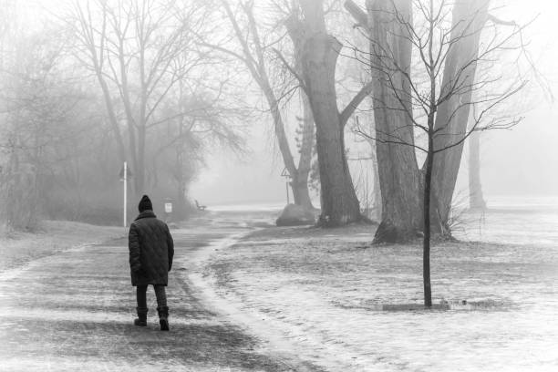 istock Rear View Of Man Walking On Footpath During Winter 735964363