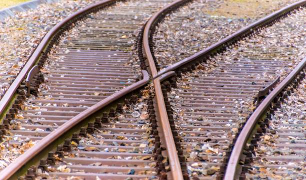 high angle view of cross railroad track - 5891 imagens e fotografias de stock