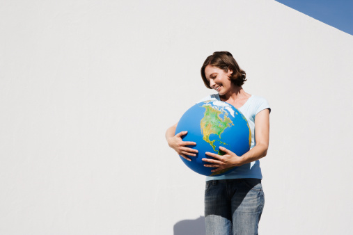 woman hands holding planet world with space background. 3d illustration or 3d render