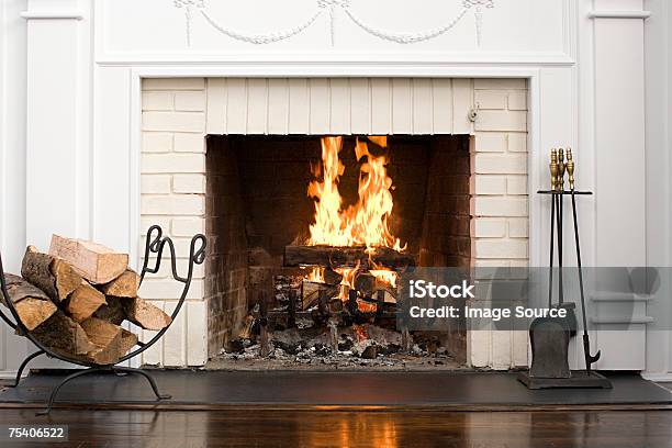 Fireplace With Fire Burning Stock Photo - Download Image Now - Fireplace, Mantelpiece, Fire - Natural Phenomenon